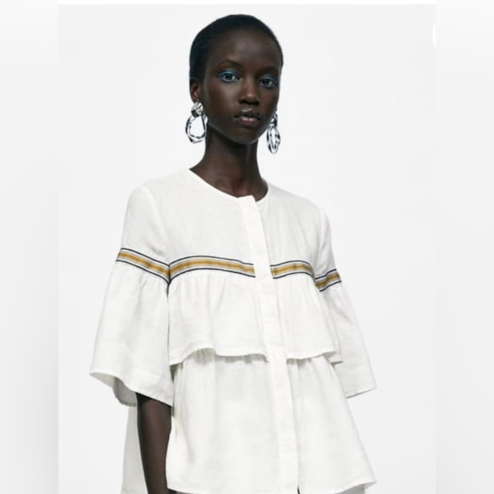 Zara White Blouse with Black and Gold Stripes